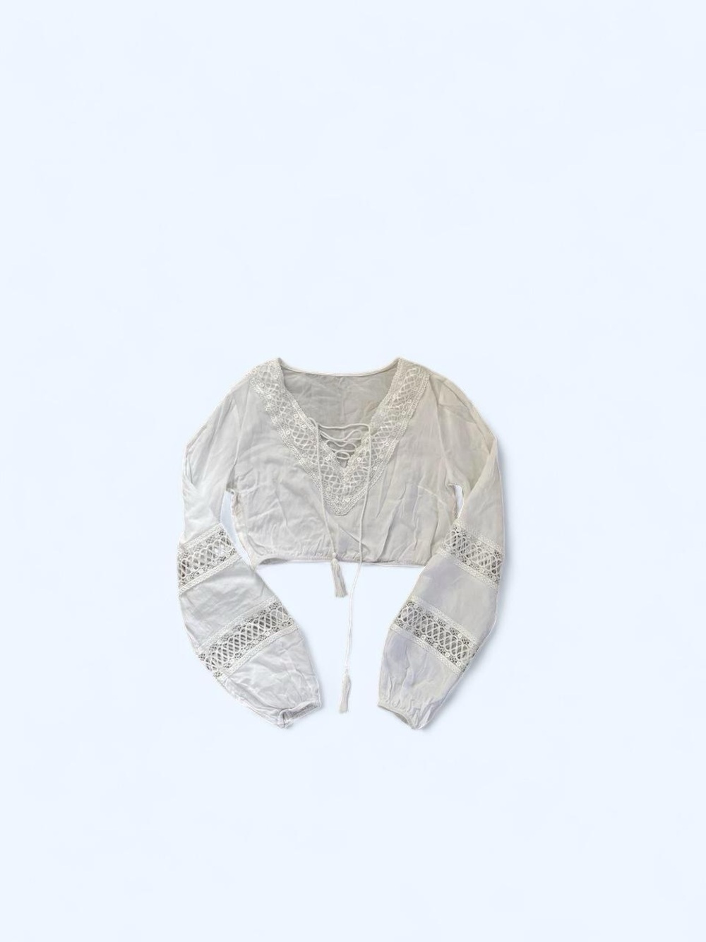 White lace cropped blouse with tie up front size XS